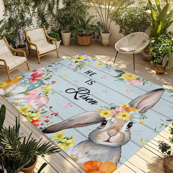 Easter Outdoor Rug for Patio/Deck/Porch, Non-Slip Large Area Rug 5 x 7 Ft, Spring Farmhouse Bunny Flower Blue Wood Grain Indoor Outdoor Rugs Washable Area Rugs, Reversible Camping Rug Carpet Runner