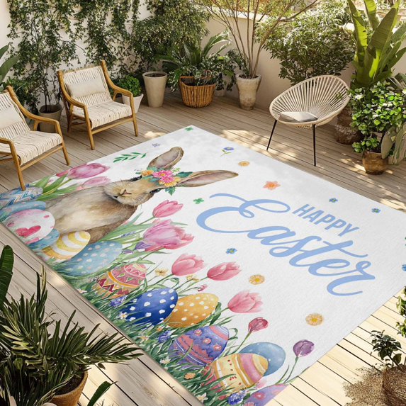 Easter Outdoor Rug for Patio/Deck/Porch, Non-Slip Large Area Rug 5 x 8 Ft, Pink Tulip Flowers Spring Watercolor Bunny Floral Indoor Outdoor Rugs Washable Area Rugs, Camping Rug Carpet Runner