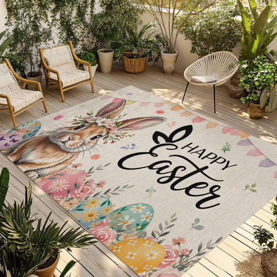Easter Outdoor Rug for Patio/Deck/Porch, Non-Slip Large Area Rug 5 x 8 Ft, Spring Rabbit Eggs Roses Colorful Flags Leaves Indoor Outdoor Rugs Washable Area Rugs, Reversible Camping Rug Carpet Runner