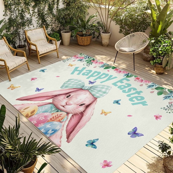 Easter Outdoor Rug for Patio/Deck/Porch, Non-Slip Large Area Rug 6 x 9 Ft, Cute Rabbits Eggs Flowers Leaf Butterflies Watercolor Indoor Outdoor Rugs Washable Area Rugs, Camping Rug Carpet Runner