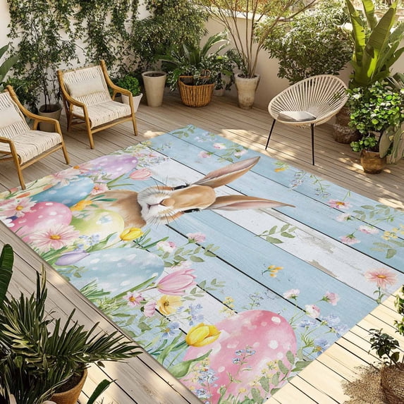 Easter Outdoor Rug for Patio/Deck/Porch, Non-Slip Large Area Rug 6 x 9 Ft, Farmhouse Spring Rabbit Eggs Flowers Wooden Board Indoor Outdoor Rugs Washable Area Rugs, Camping Rug Carpet Runner