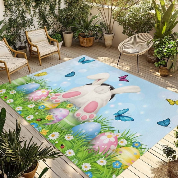 Easter Outdoor Rug for Patio/Deck/Porch, Non-Slip Large Area Rug 6 x 9 Ft, Spring Colorful Easter Eggs Bunny Butterfly Blue Indoor Outdoor Rugs Washable Area Rugs, Camping Rug Carpet Runner