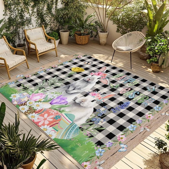 Easter Outdoor Rug for Patio/Deck/Porch, Non-Slip Large Area Rug 6 x 9 Ft, Spring Rabbit Flowers Colorful Eggs Black Lattice Indoor Outdoor Rugs Washable Area Rugs, Camping Rug Carpet Runner
