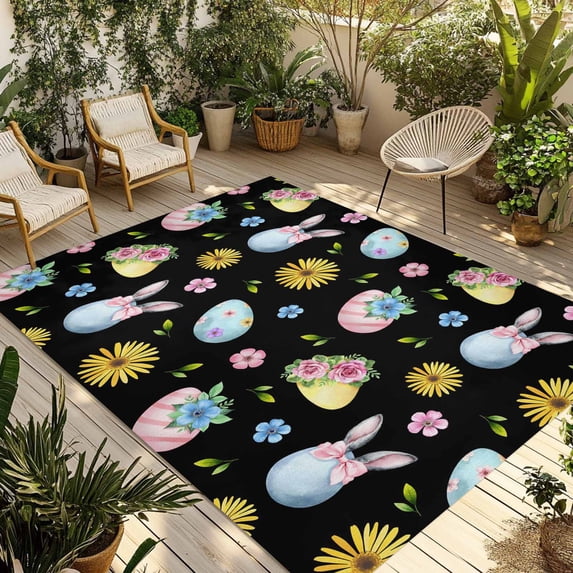 Easter Outdoor Rug for Patio/Deck/Porch, Non-Slip Large Area Rug 6 x 9 Ft, Spring Watercolor Bunny Eggs Flowers Black Indoor Outdoor Rugs Washable Area Rugs, Reversible Camping Rug Carpet Runner