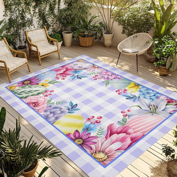 Easter Outdoor Rug for Patio/Deck/Porch, Non-Slip Large Area Rug 6 x 9 Ft, Watercolor Eggs Flowers Berry Plants Purple Plaid Indoor Outdoor Rugs Washable Area Rugs, Camping Rug Carpet Runner