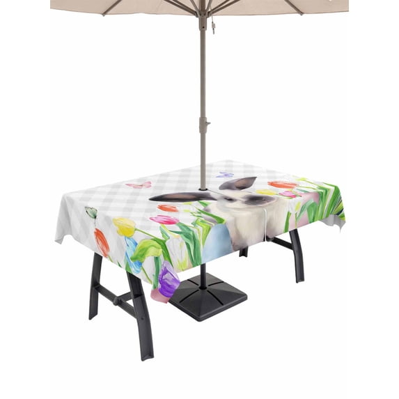 Easter Outdoor Tablecloth - 52x70 Inch Rectangle Dining Table Cover, Spring Botanical Rabbit Butterfly Floral Grey Plaid Waterproof Outdoor Table Cloth with Umbrella Hole & Zipper for Picnic/Patio