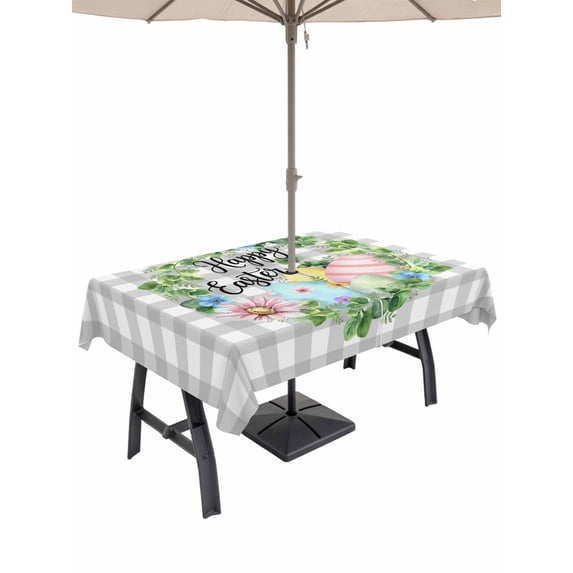 Easter Outdoor Tablecloth - 52x70 Inch Rectangle Dining Table Cover, Spring Colorful Eggs Flower Leaf Grey Plaid Checkered Waterproof Outdoor Table Cloth with Umbrella Hole & Zipper for Picnic/Patio