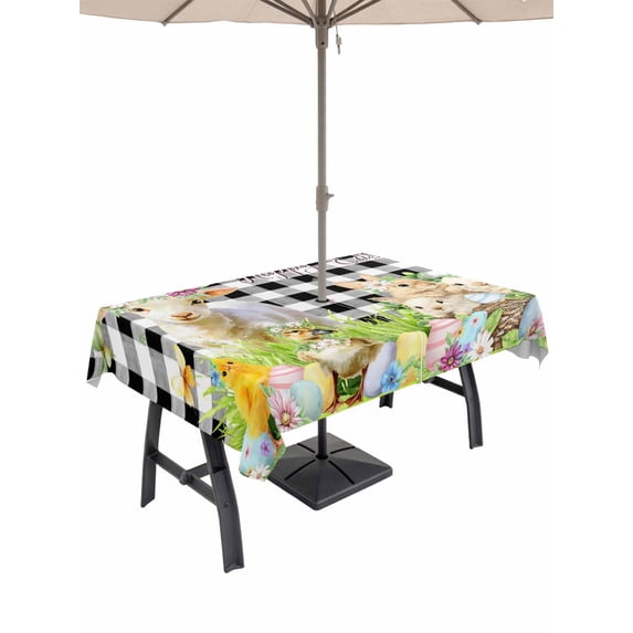 Easter Outdoor Tablecloth - 52x70 Inch Rectangle Dining Table Cover, Spring Rabbit Sheep Duck Eggs Plants Black Plaid Waterproof Outdoor Table Cloth with Umbrella Hole & Zipper for Picnic/Patio/Party