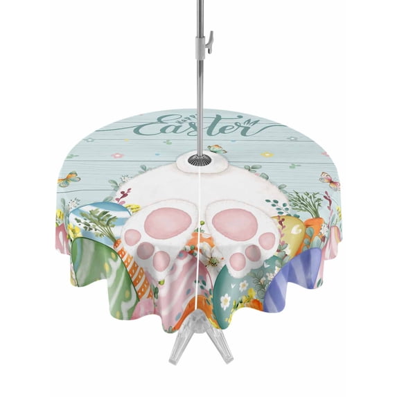 Easter Outdoor Tablecloth - 54 Inch Round Dining Table Cover, Country Bunny Feet Eggs Floral Green Wooden Plank Waterproof Outdoor Table Cloth with Umbrella Hole & Zipper for Picnic/Patio/Party