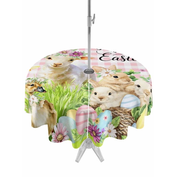 Easter Outdoor Tablecloth - 54 Inch Round Dining Table Cover, Rabbit Sheep Eggs Butterfly Flowers Pink Grid Waterproof Outdoor Table Cloth with Umbrella Hole & Zipper for Picnic/Patio/Party