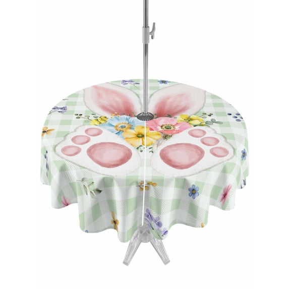 Easter Outdoor Tablecloth - 54 Inch Round Dining Table Cover, Spring Bunny Ears Feet Flowers Green Plaid Waterproof Outdoor Table Cloth with Umbrella Hole & Zipper for Picnic/Patio/Party