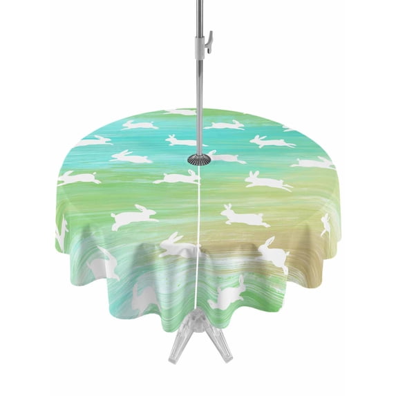 Easter Outdoor Tablecloth - 54 Inch Round Dining Table Cover, Spring Bunny Silhouette Blue Green Gradient Waterproof Outdoor Table Cloth with Umbrella Hole & Zipper for Picnic/Patio/Party