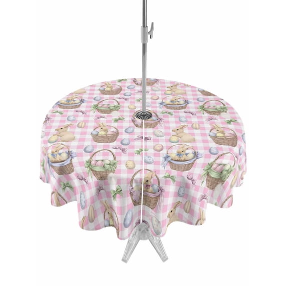 Easter Outdoor Tablecloth - 54 Inch Round Dining Table Cover, Spring Rabbits Baskets Eggs Bows Pink Plaid Waterproof Outdoor Table Cloth with Umbrella Hole & Zipper for Picnic/Patio/Party