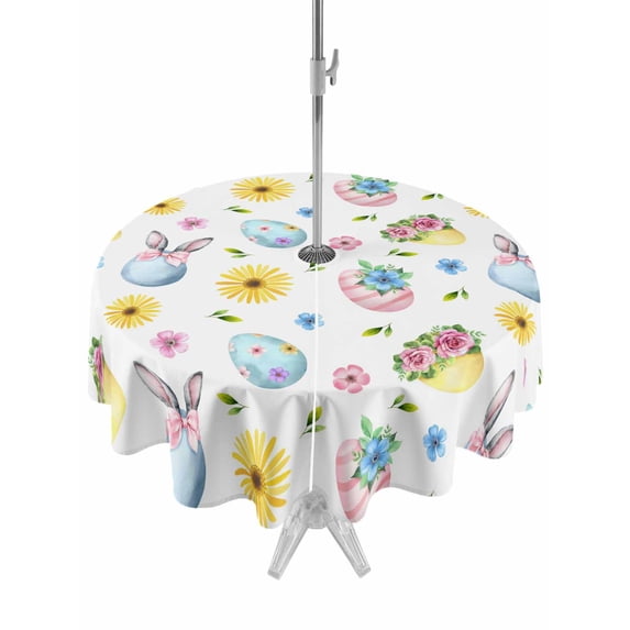 Easter Outdoor Tablecloth - 54 Inch Round Dining Table Cover, Spring Watercolor Bunny Eggs Daisy Flowers Waterproof Outdoor Table Cloth with Umbrella Hole & Zipper for Picnic/Patio/Party