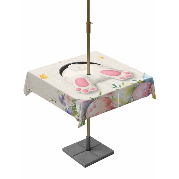 Easter Outdoor Tablecloth - 54x54 Inch Square Dining Table Cover, Country Spring Rabbit Feet Eggs Botanical Flowers Waterproof Outdoor Table Cloth with Umbrella Hole & Zipper for Picnic/Patio/Party