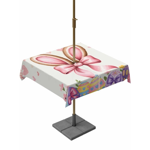 Easter Outdoor Tablecloth - 54x54 Inch Square Dining Table Cover, Spring Rabbit Ear Colorful Eggs Love Flowers Waterproof Outdoor Table Cloth with Umbrella Hole & Zipper for Picnic/Patio/Party