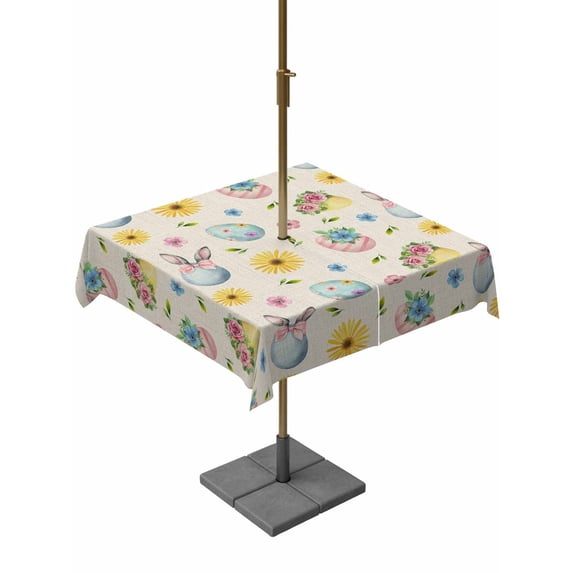 Easter Outdoor Tablecloth - 54x54 Inch Square Dining Table Cover, Spring Watercolor Bunny Eggs Flowers Beige Waterproof Outdoor Table Cloth with Umbrella Hole & Zipper for Picnic/Patio/Party