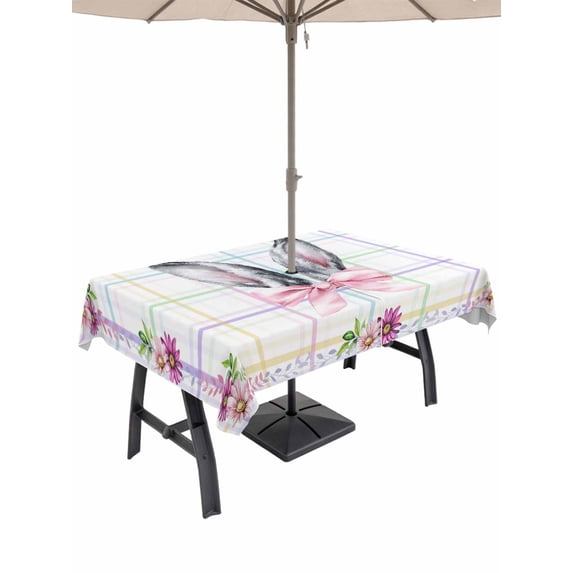 Easter Outdoor Tablecloth - 54x80 Inch Rectangle Dining Table Cover, Cute Rabbits Ears Bow Daisy Flower Watercolor Plaid Waterproof Outdoor Table Cloth with Umbrella Hole & Zipper for Picnic/Patio