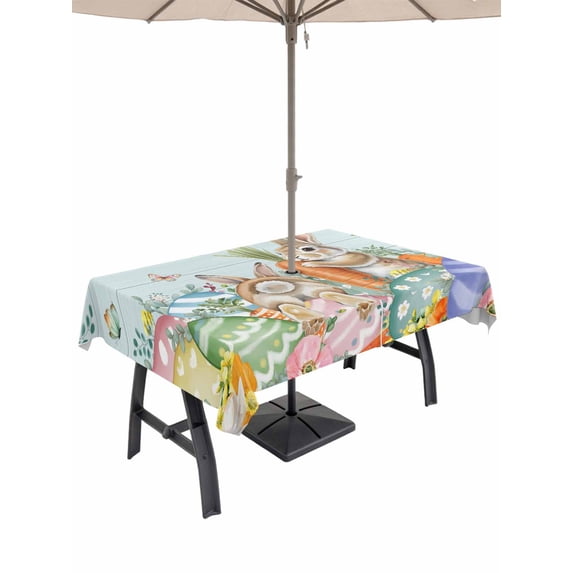 Easter Outdoor Tablecloth - 54x80 Inch Rectangle Dining Table Cover, Spring Rabbit Tail Eggs Eucalyptus Leaves Wood Waterproof Outdoor Table Cloth with Umbrella Hole & Zipper for Picnic/Patio/Party