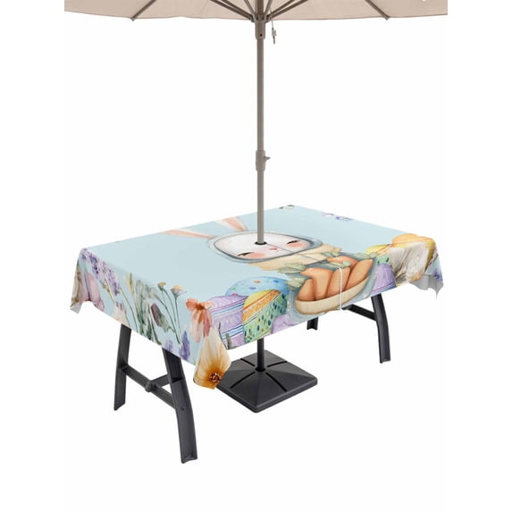 Easter Outdoor Tablecloth - 54x80 Inch Rectangle Dining Table Cover, Spring Watercolor Bunny Carrots Eggs Flowers Blue Waterproof Outdoor Table Cloth with Umbrella Hole & Zipper for Picnic/Patio