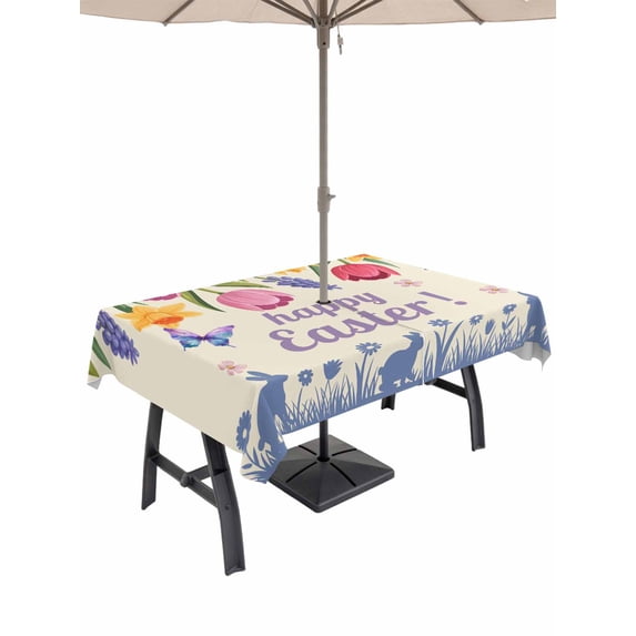 Easter Outdoor Tablecloth - 54x80 Inch Rectangle Dining Table Cover, Tulip Flowers Spring Easter Egg Bunny Butterfly Beige Waterproof Outdoor Table Cloth with Umbrella Hole & Zipper for Picnic/Patio