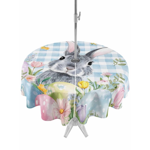 Easter Outdoor Tablecloth - 60 Inch Round Dining Table Cover, Spring Rabbit Eggs Flowers Herbs Blue Plaid Waterproof Outdoor Table Cloth with Umbrella Hole & Zipper for Picnic/Patio/Party