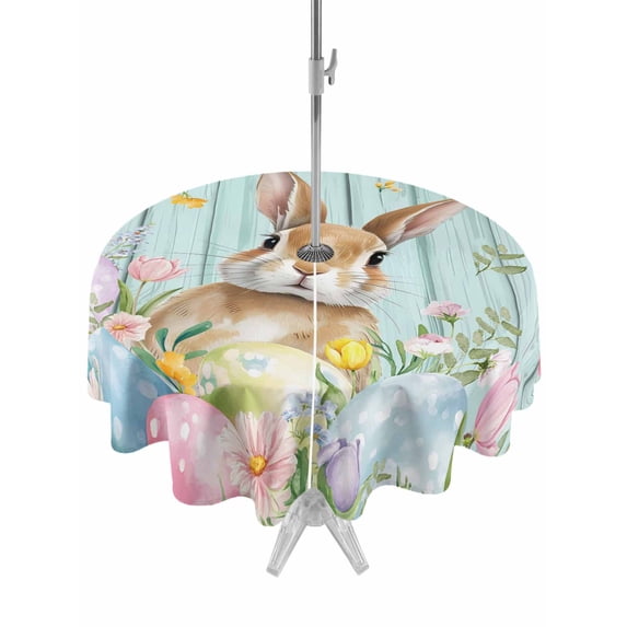Easter Outdoor Tablecloth - 60 Inch Round Dining Table Cover, Spring Rabbit Eggs Flowers Leaf Green Wooden Plank Waterproof Outdoor Table Cloth with Umbrella Hole & Zipper for Picnic/Patio/Party