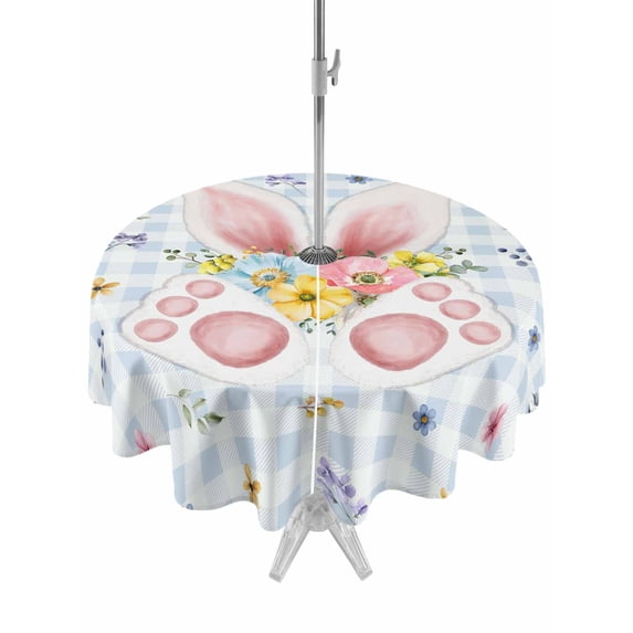 Easter Outdoor Tablecloth - 60 Inch Round Dining Table Cover, Spring Rabbits Ears Feet Floral Blue Lattice Waterproof Outdoor Table Cloth with Umbrella Hole & Zipper for Picnic/Patio/Party