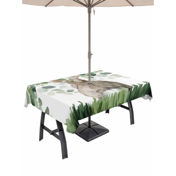Easter Outdoor Tablecloth - 60x102 Inch Rectangle Dining Table Cover, Spring Bunny Botanical Eucalyptus Leaves Plants Waterproof Outdoor Table Cloth with Umbrella Hole & Zipper for Picnic/Patio/Party