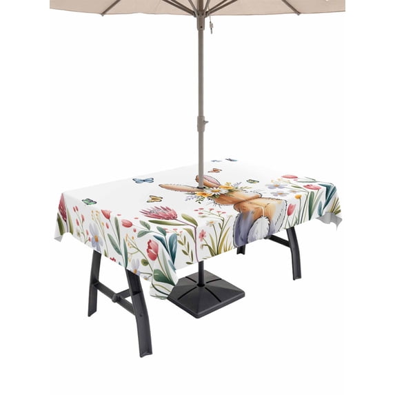 Easter Outdoor Tablecloth - 60x102 Inch Rectangle Dining Table Cover, Spring Flowers Wreath Rabbit Budding Florals Waterproof Outdoor Table Cloth with Umbrella Hole & Zipper for Picnic/Patio/Party