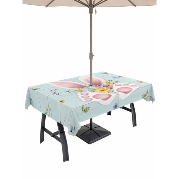 Easter Outdoor Tablecloth - 60x102 Inch Rectangle Dining Table Cover, Spring Rabbits Ears Feet Flowers Wooden Grain Waterproof Outdoor Table Cloth with Umbrella Hole & Zipper for Picnic/Patio/Party
