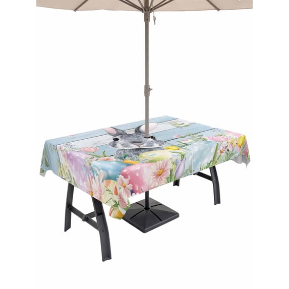 Easter Outdoor Tablecloth - 60x120 Inch Rectangle Dining Table Cover, Country Spring Bunny Eggs Botanicals Wooden Plank Waterproof Outdoor Table Cloth with Umbrella Hole & Zipper for Picnic/Patio