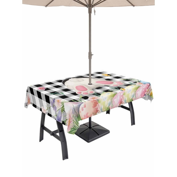 Easter Outdoor Tablecloth - 60x120 Inch Rectangle Dining Table Cover, Spring Bunny Feet Flowers Eggs Black Buffalo Plaid Waterproof Outdoor Table Cloth with Umbrella Hole & Zipper for Picnic/Patio