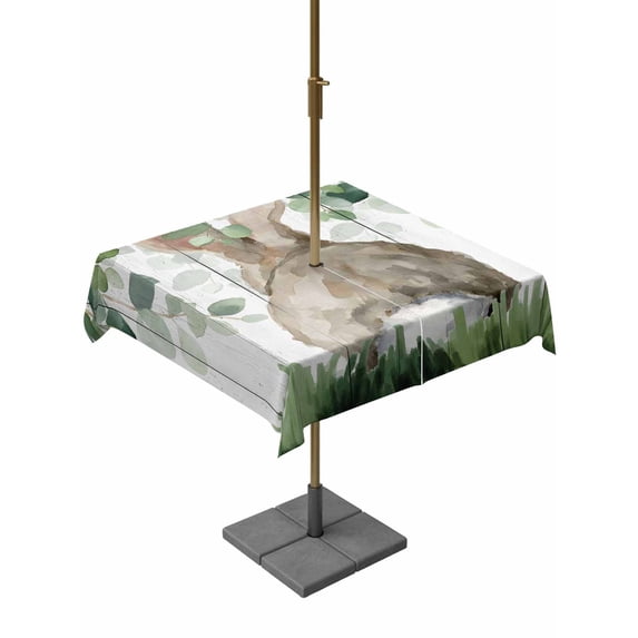 Easter Outdoor Tablecloth - 60x60 Inch Square Dining Table Cover, Country Rabbit Botanical Leaves Wooden Grain Waterproof Outdoor Table Cloth with Umbrella Hole & Zipper for Picnic/Patio/Party
