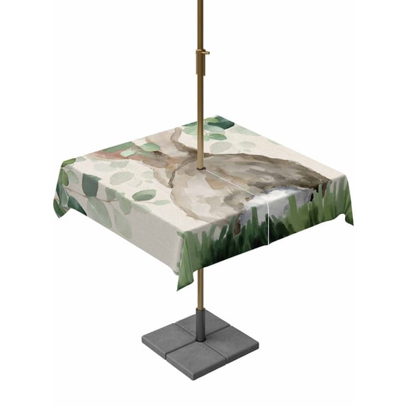 Easter Outdoor Tablecloth - 60x60 Inch Square Dining Table Cover, Country Spring Rabbit Botanical Eucalyptus Leaves Waterproof Outdoor Table Cloth with Umbrella Hole & Zipper for Picnic/Patio/Party