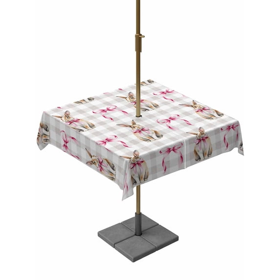 Easter Outdoor Tablecloth - 60x60 Inch Square Dining Table Cover, Spring Pink Bow Rabbit Grey White Gingham Plaid Waterproof Outdoor Table Cloth with Umbrella Hole & Zipper for Picnic/Patio/Party