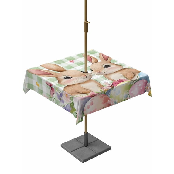 Easter Outdoor Tablecloth - 60x60 Inch Square Dining Table Cover, Spring Rabbit Eggs Flower Butterfly Green Plaid Waterproof Outdoor Table Cloth with Umbrella Hole & Zipper for Picnic/Patio/Party