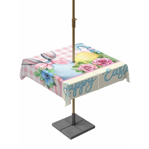 Easter Outdoor Tablecloth - 60x60 Inch Square Dining Table Cover, Spring Watercolor Bunny Eggs Flowers Pink Plaid Waterproof Outdoor Table Cloth with Umbrella Hole & Zipper for Picnic/Patio/Party