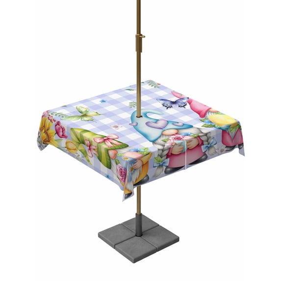 Easter Outdoor Tablecloth - 60x60 Inch Square Dining Table Cover, Watercolor Gnomes Eggs Flowers Butterflies Purple Plaid Waterproof Outdoor Table Cloth with Umbrella Hole & Zipper for Picnic/Patio