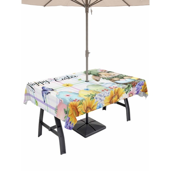 Easter Outdoor Tablecloth - 60x84 Inch Rectangle Dining Table Cover, Cute Rabbits Eggs Floral Butterflies Colorful Plaid Waterproof Outdoor Table Cloth with Umbrella Hole & Zipper for Picnic/Patio