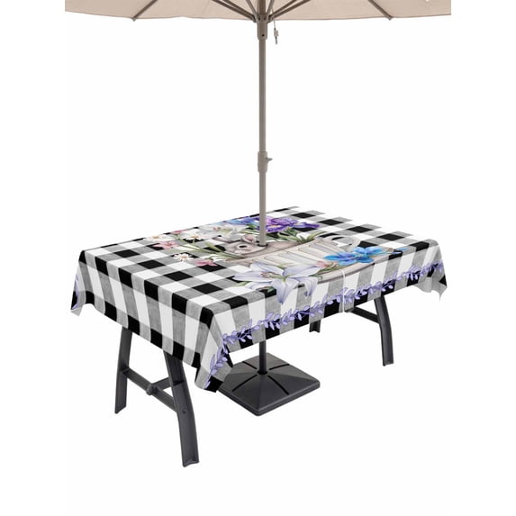 Easter Outdoor Tablecloth - 60x84 Inch Rectangle Dining Table Cover, Spring Bunny Botanical Blooms Flowers Black Plaid Waterproof Outdoor Table Cloth with Umbrella Hole & Zipper for Picnic/Patio
