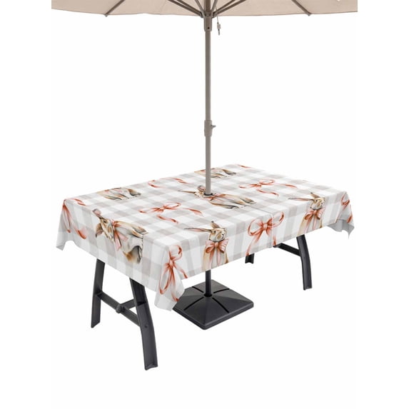 Easter Outdoor Tablecloth - 60x84 Inch Rectangle Dining Table Cover, Spring Pink Bow Bunny Grey White Checkered Waterproof Outdoor Table Cloth with Umbrella Hole & Zipper for Picnic/Patio/Party