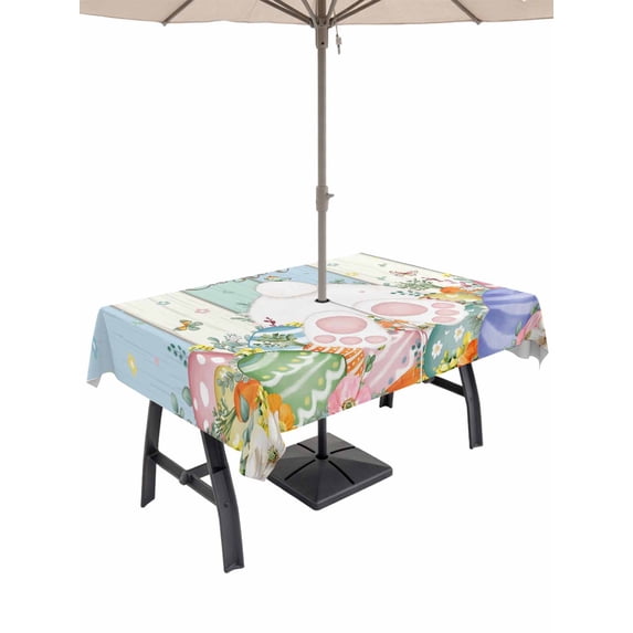 Easter Outdoor Tablecloth - 60x84 Inch Rectangle Dining Table Cover, Spring Rabbit Ears Foot Flowers Eggs Green Wooden Waterproof Outdoor Table Cloth with Umbrella Hole & Zipper for Picnic/Patio