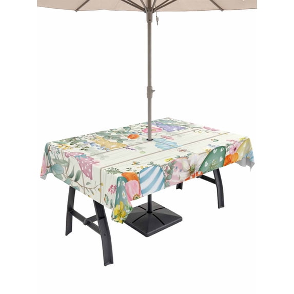 Easter Outdoor Tablecloth - 60x84 Inch Rectangle Dining Table Cover, Spring Rabbit Eggs Eucalyptus Leaves Floral Wood Waterproof Outdoor Table Cloth with Umbrella Hole & Zipper for Picnic/Patio/Party