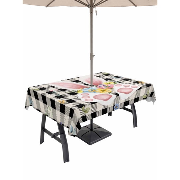 Easter Outdoor Tablecloth - 60x84 Inch Rectangle Dining Table Cover, Spring Rabbits Ears Feet Wildflowers Black Plaid Waterproof Outdoor Table Cloth with Umbrella Hole & Zipper for Picnic/Patio/Party