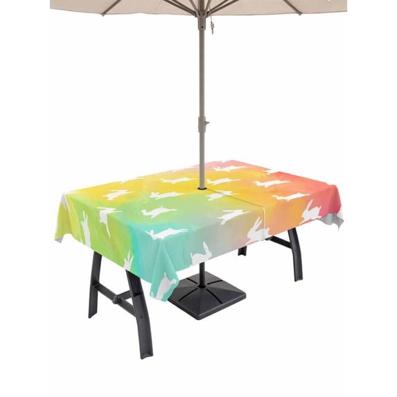 Easter Outdoor Tablecloth - 60x84 Inch Rectangle Dining Table Cover, Spring Rabbits Silhouette Rainbow Ombre Art Waterproof Outdoor Table Cloth with Umbrella Hole & Zipper for Picnic/Patio/Party