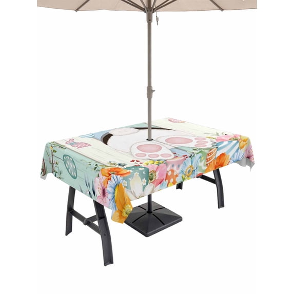 Easter Outdoor Tablecloth - 60x84 Inch Rectangle Dining Table Cover, Spring Watercolor Bunny Eggs Wood Grain Teal Blue Waterproof Outdoor Table Cloth with Umbrella Hole & Zipper for Picnic/Patio