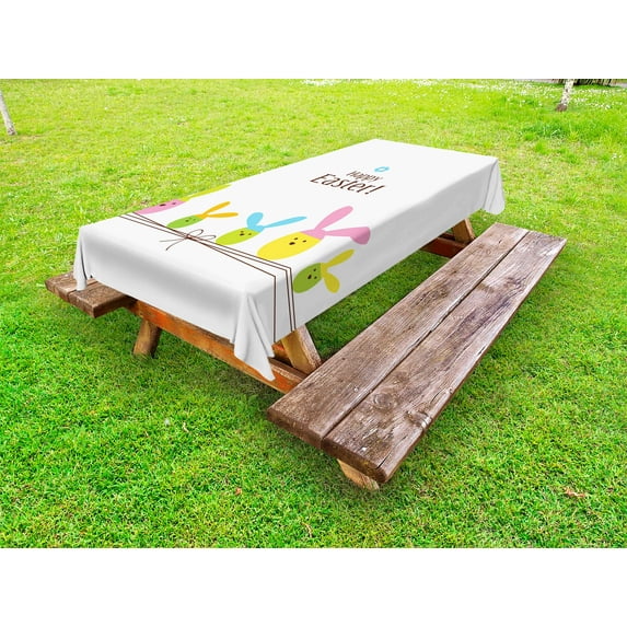 Easter Outdoor Tablecloth, Simplistic Cartoon Eggs with Bunny Ears Standing on a Rope Pastel Colored Design, Decorative Washable Fabric Picnic Tablecloth, 58 X 120 Inches, Multicolor, by Ambesonne