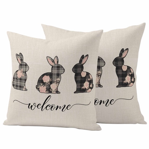 Easter Outdoor Waterproof Pillow Covers, Retro Spring Rabbit Plaid Flowers Animal Floral Decorative Square Throw Pillowcase Sofa Cushion Sham for Patio/Couch/Chair, 26"x26" 2 Pack