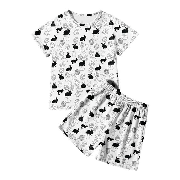 Easter Outfit Baby Boy Short Sleeve T-Shirt Funny Bunny Suit Easter Egg Shirt Roller Rabbit Pajamas Casual Round Neck Pullover Tops Pants 2 PC Children Clothing Black 5-6 Years